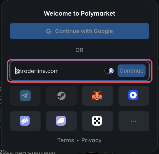 Janela Welcome to Polymarket com o campo de email destacado