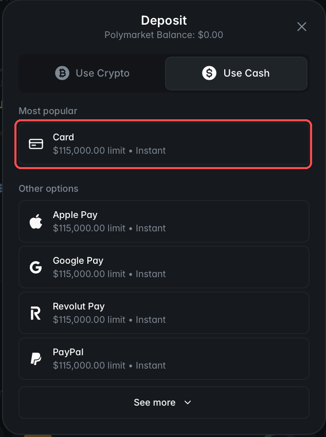 Janela Deposit na aba Use Cash com a opção Cartão destacada