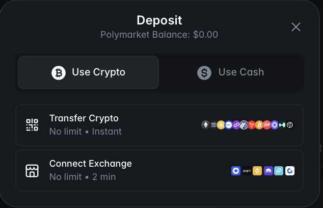 Janela Deposit na aba Use Crypto mostrando Transfer Crypto e Connect Exchange