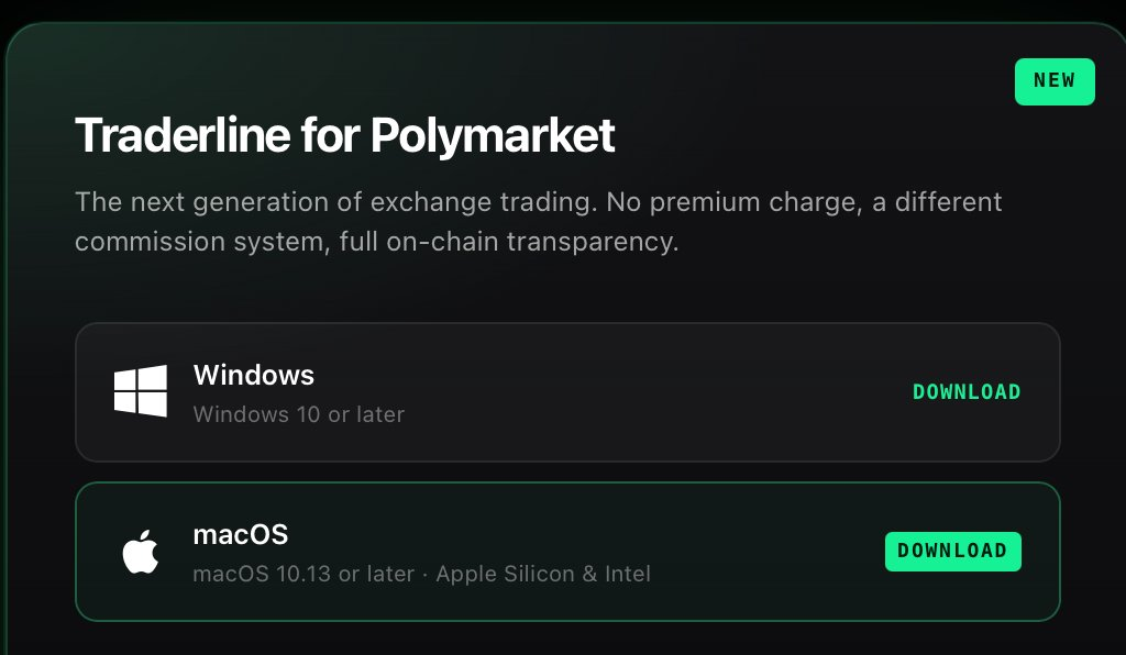 Página de download do Traderline for Polymarket com opções Windows e macOS