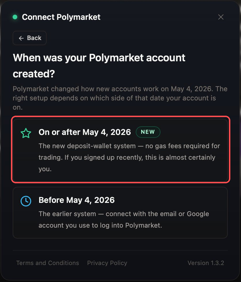 Janela Connect Polymarket perguntando quando a conta foi criada, primeira opção destacada