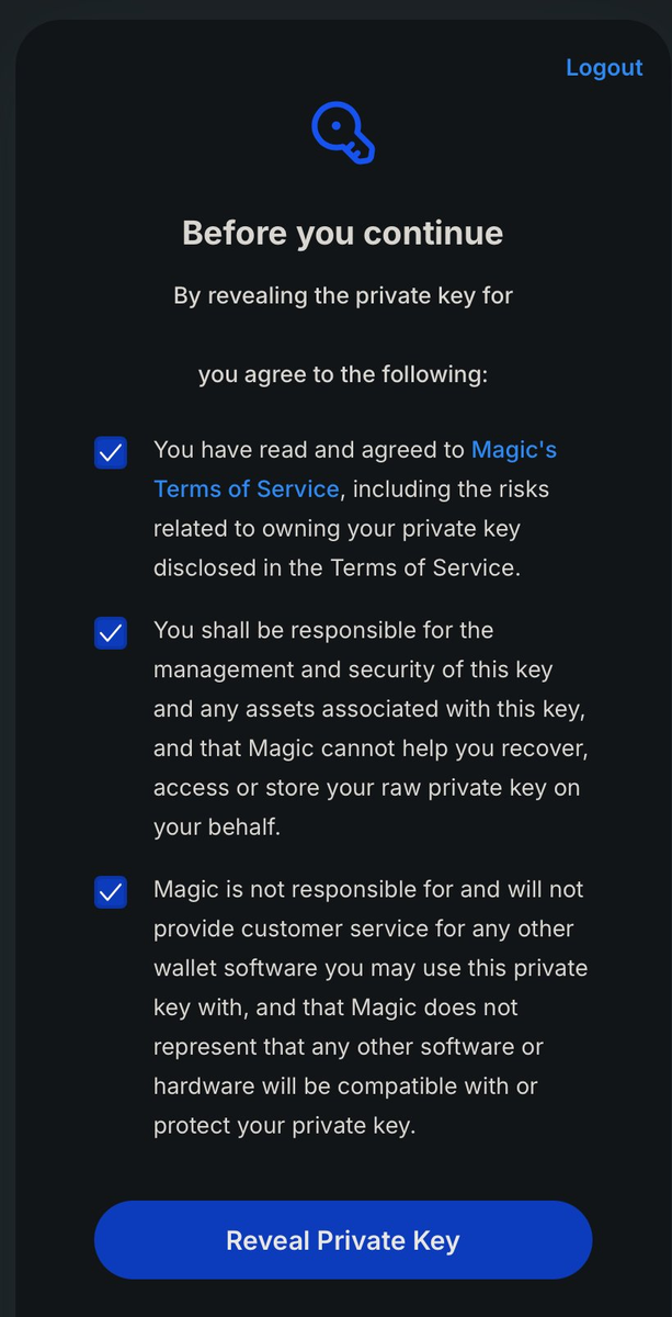 Página da Magic com três caixas de concordância e o botão Reveal Private Key