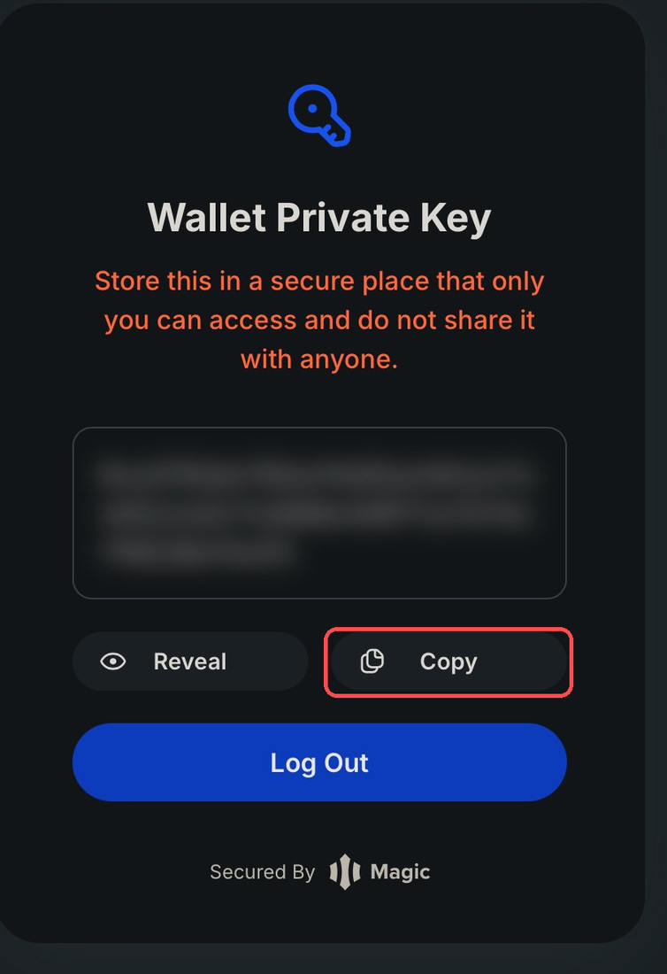 Página Magic Wallet Private Key com o botão Copy destacado