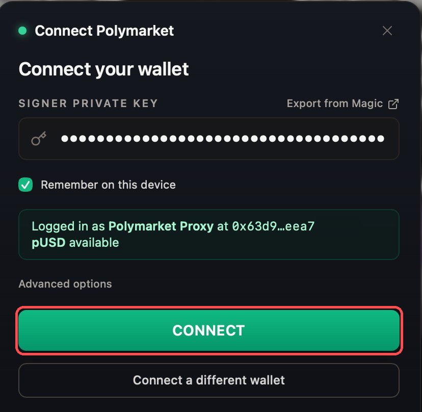 Chave colada no campo Signer Private Key, conta reconhecida, botão CONNECT destacado