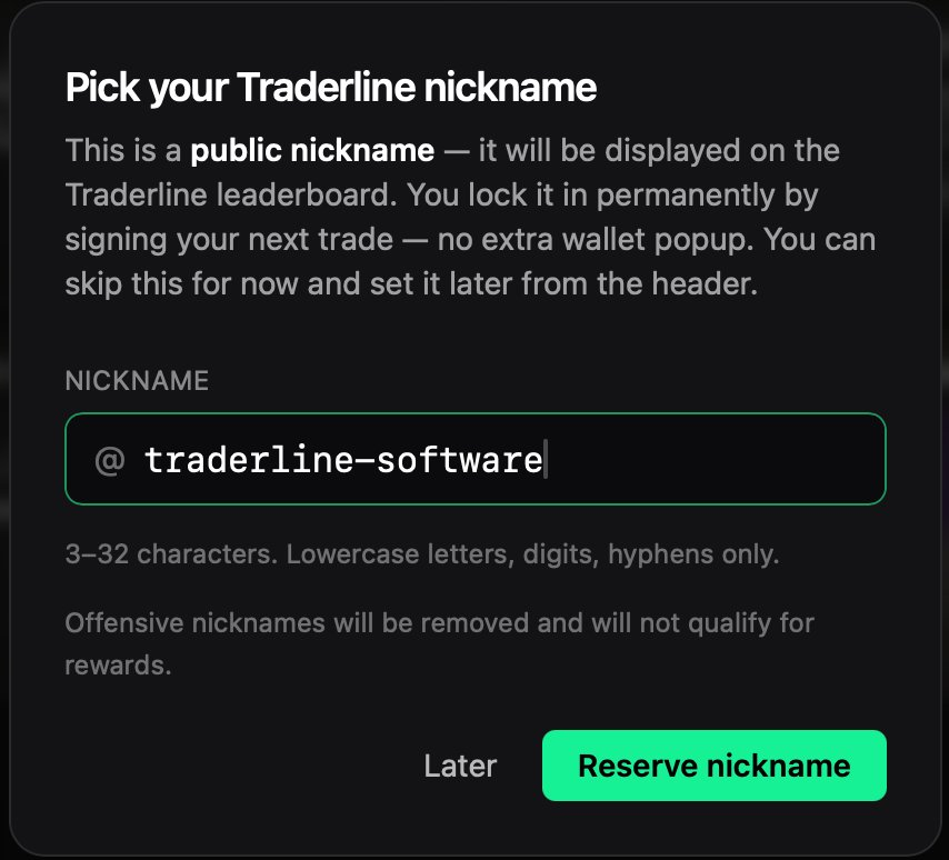 Janela de escolha de apelido do Traderline com o botão Reserve nickname