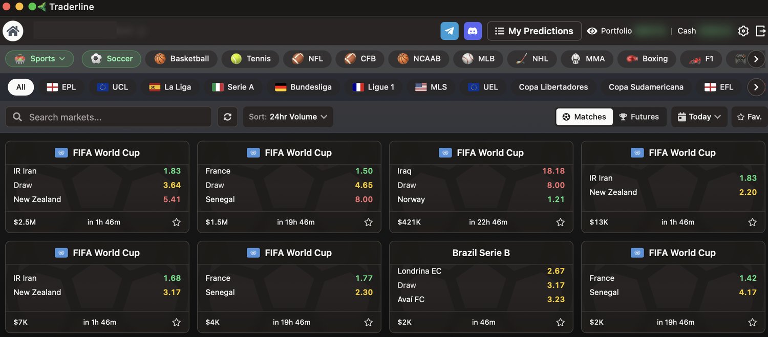 Traderline home with sport tabs, league filters and event cards