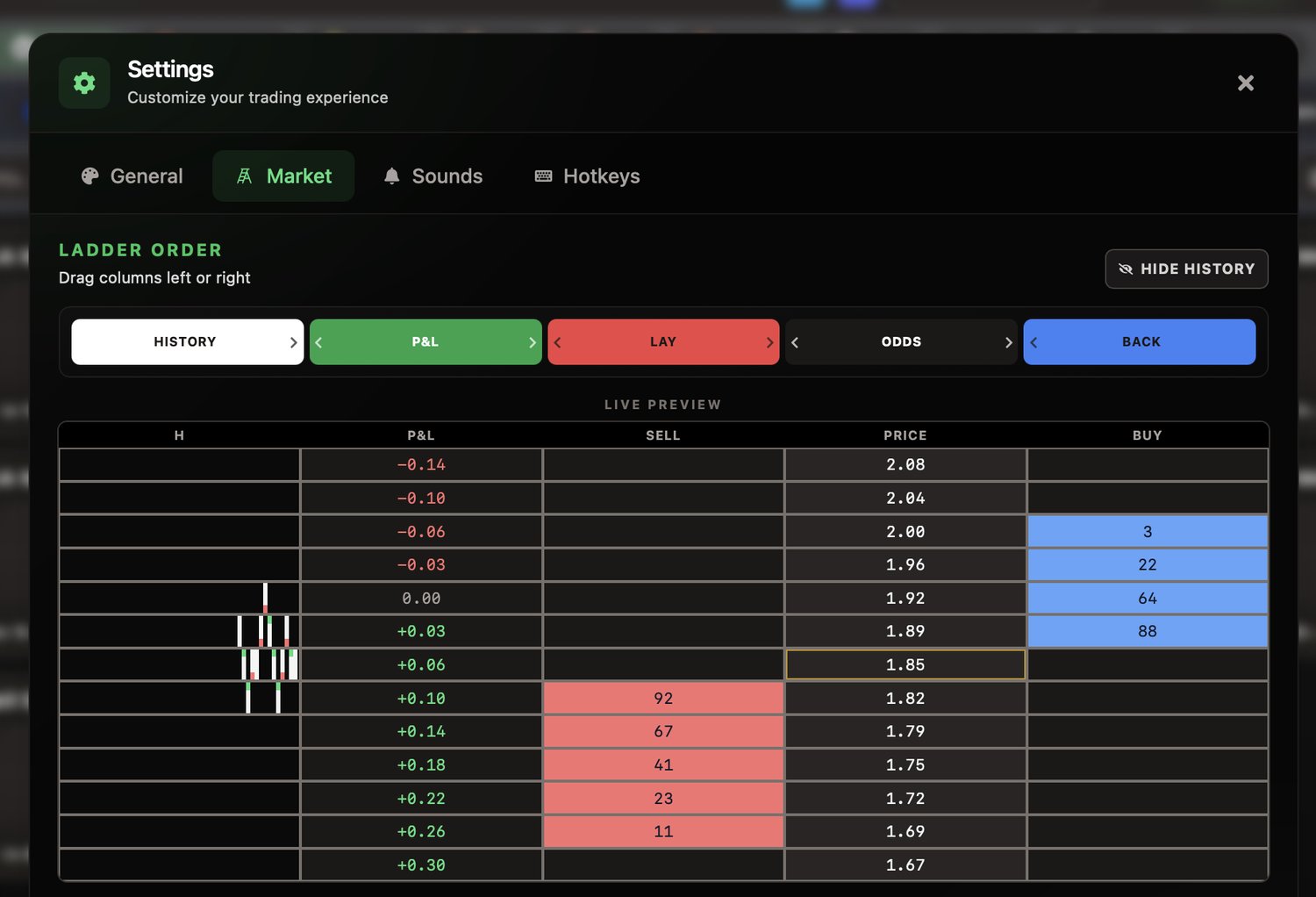 Market settings: ladder order and live preview