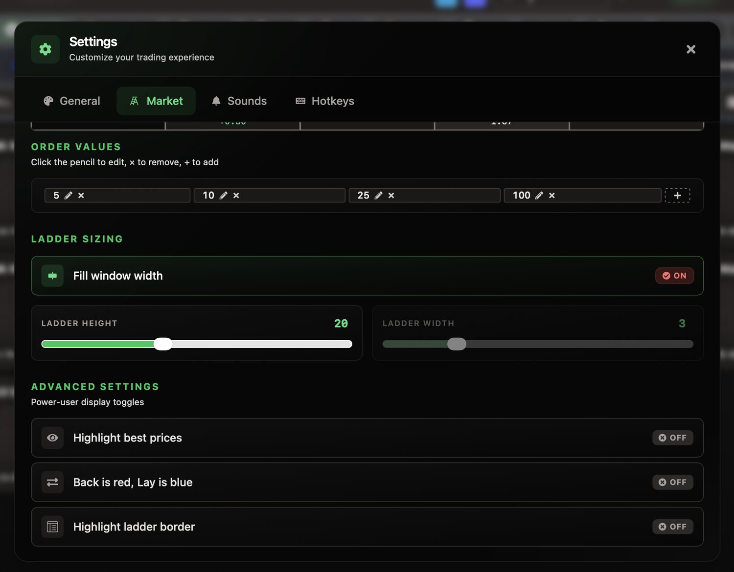 Market settings: stake values, sizing and advanced